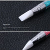 A shaped dual-ended silicone pen with a crystal blue head is shown against a black leather background.