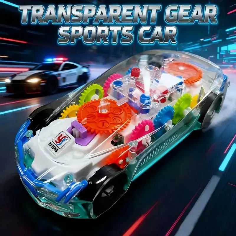 A transparent gear sports car model with internal components and lights displayed on a dark surface.