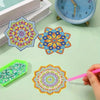 A hand is painting a colorful diamond painting flower design on a green surface, next to a blue clock and a green holder.