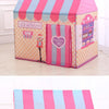 A pink and striped foldable kids play tent featuring a waffle lane design.