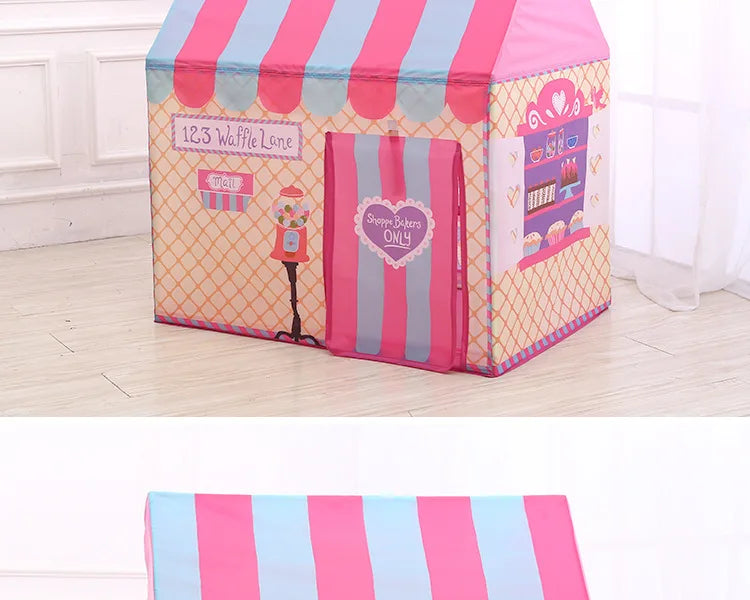 A pink and striped foldable kids play tent featuring a waffle lane design.
