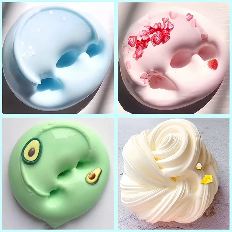 A collection of slime products including a clear blue slime, pink slime, green slime, and white whipped cream slime.