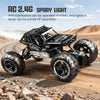 Black RC 2.4G spray light off-road racing car driving on a dirt road
