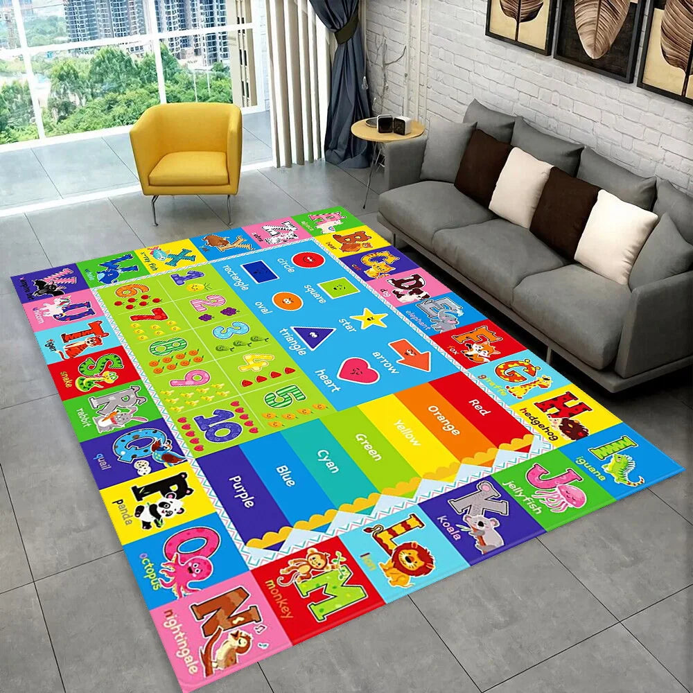 A colorful ABC alphabet cartoon kids playroom rug featuring letters and shapes for educational play.