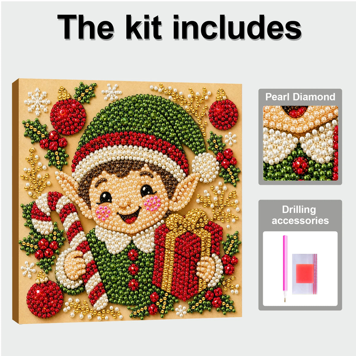 A Christmas themed pearl diamond painting kit featuring a festive figure in a green hat and red suit.