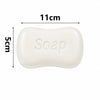 A white, elongated soap-shaped stress relief toy with the word SOAP molded into it.
