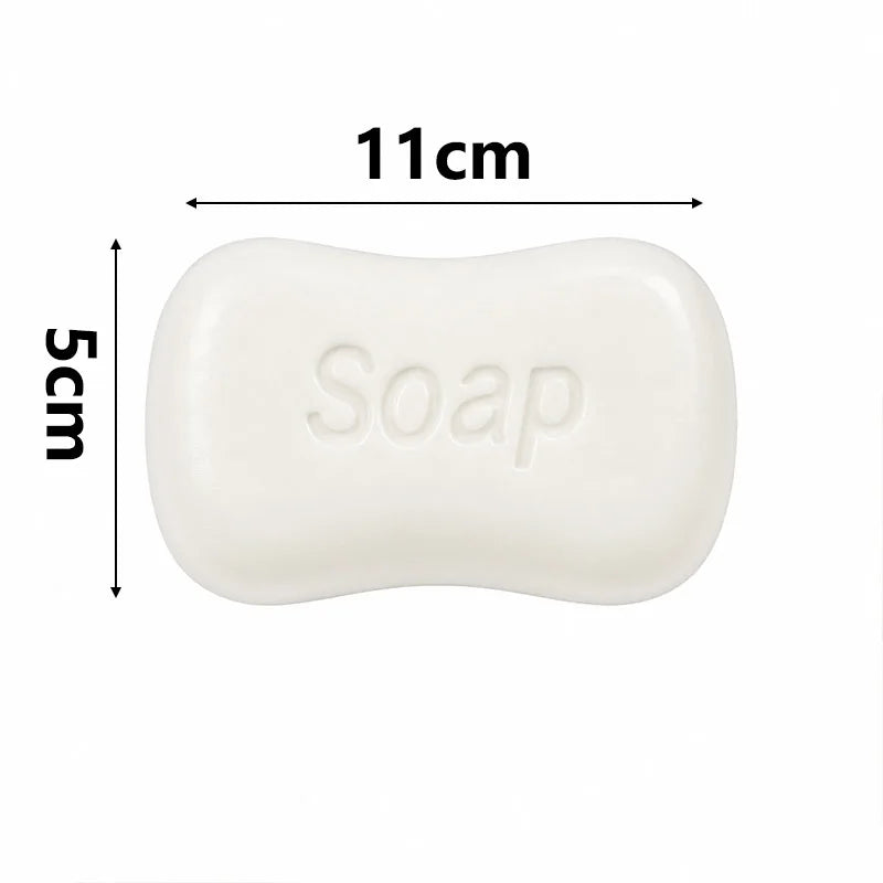 A white, elongated soap-shaped stress relief toy with the word SOAP molded into it.