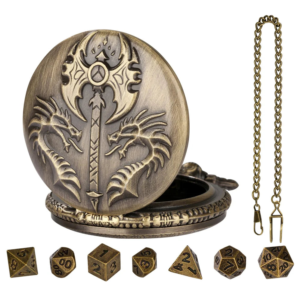 A bronze Steampunk dragon pocket watch dice case with seven small dice.