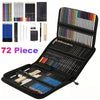 A black portable drawing and sketching art set featuring 72 individual colored pencils and tools.
