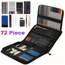 A black portable drawing and sketching art set featuring 72 individual colored pencils and tools.