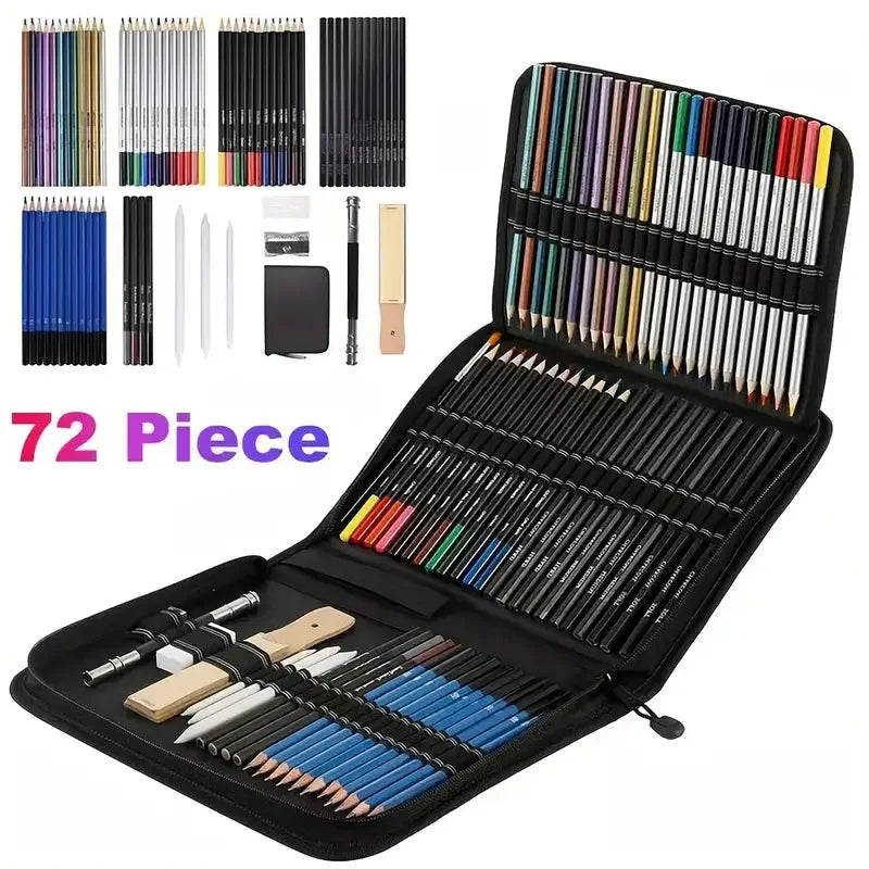 A black portable drawing and sketching art set featuring 72 individual colored pencils and tools.