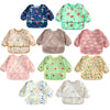 A set of six colorful waterproof full sleeve baby bibs featuring various patterns and designs for feeding.