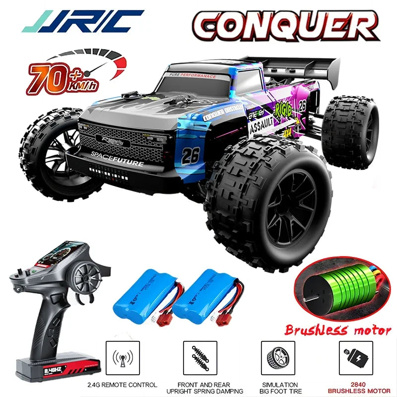 A black and purple 1:14 scale RC monster truck with large tires and a brushless motor, along with a remote control transmitte