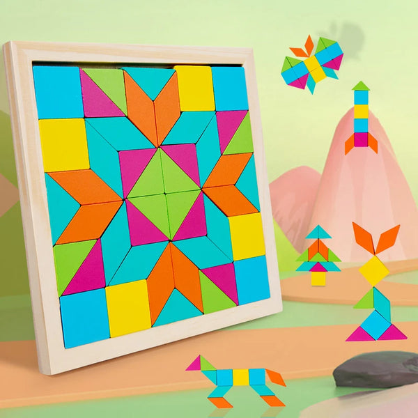 A wooden geometric shape puzzle featuring colorful triangles and squares, displayed next to loose shapes.