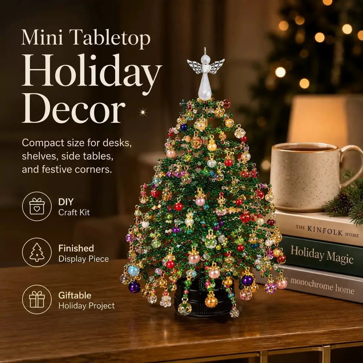 A miniature, fully decorated holiday Christmas tree made of colorful beads and crystals, displayed on a wooden surface.