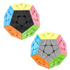 A colorful Megaminx V2 magnetic speed cube with hexagonal faces in blue, yellow, pink, black, orange, and green.