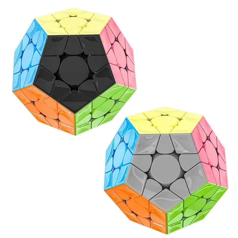 A colorful Megaminx V2 magnetic speed cube with hexagonal faces in blue, yellow, pink, black, orange, and green.