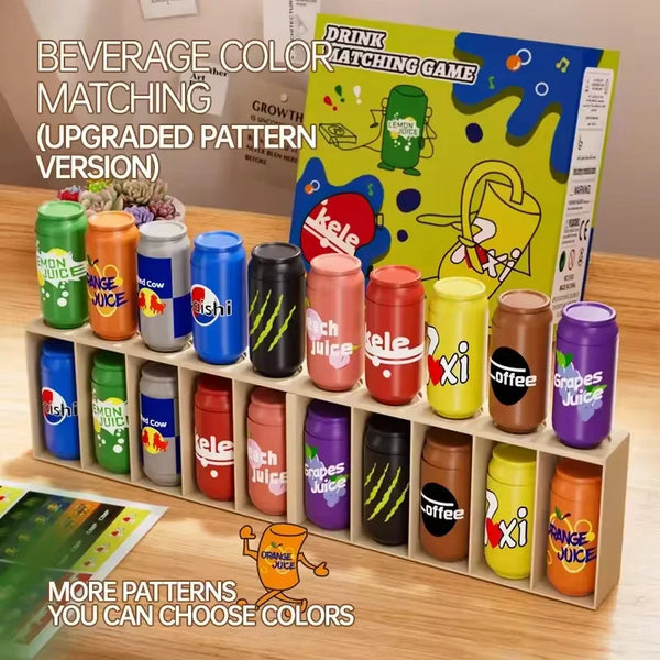 Un jeu de contention pour boissons colorées avec diverses couleurs de jus et de café dans une boîte en bois.