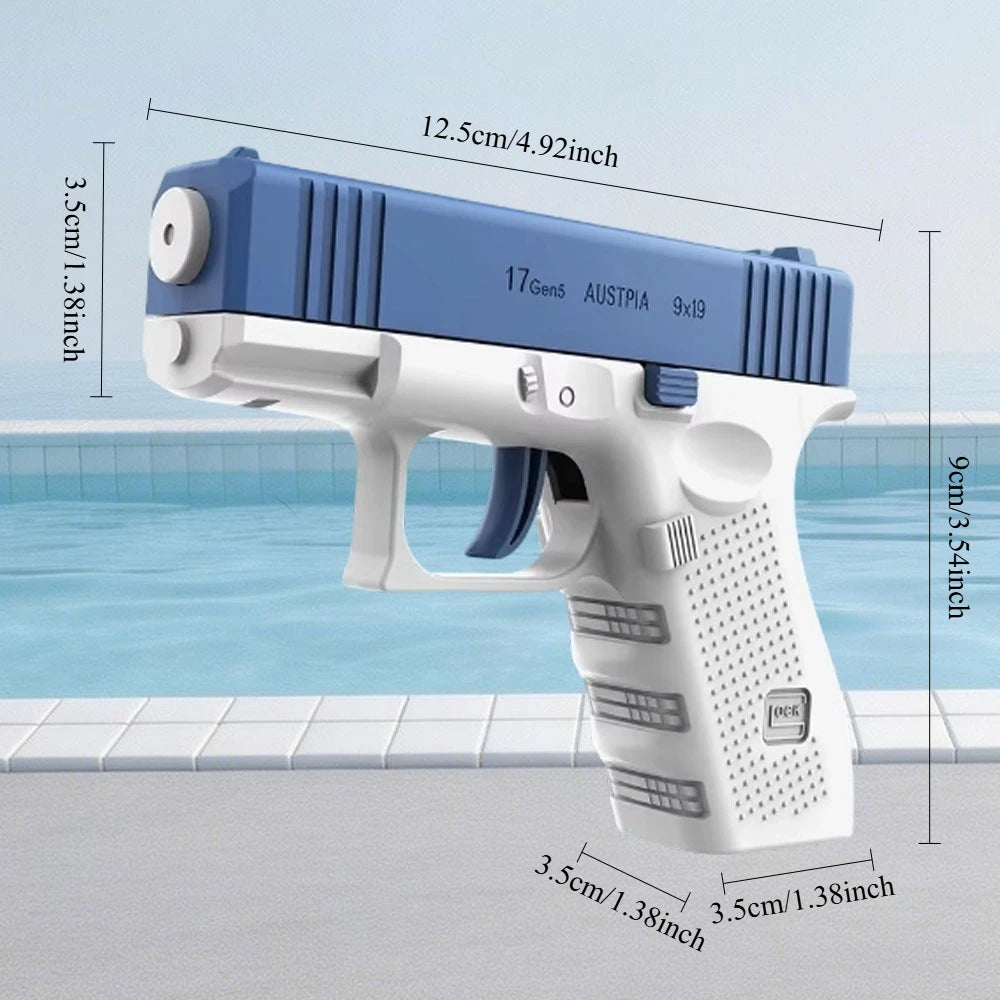 A white and blue tactical water blaster pistol is shown resting on a tiled surface next to a body of water.