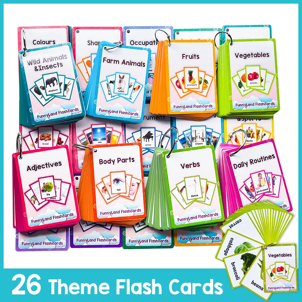 A collection of 26 themed flashcards for children covering topics like animals, fruits, vegetables, adjectives, body parts, a