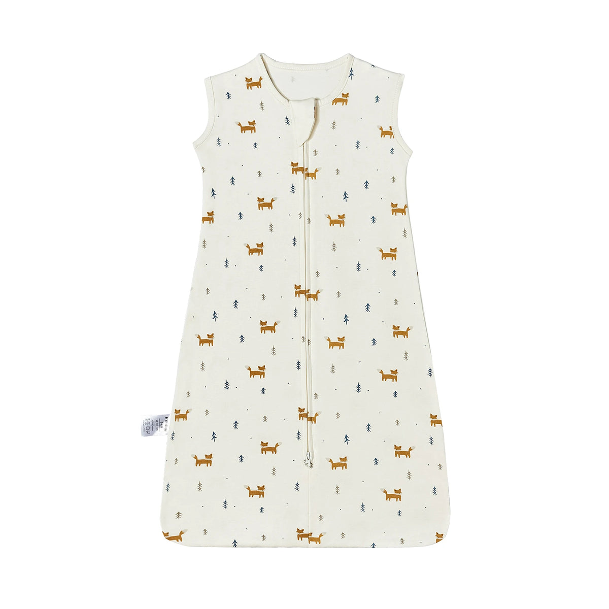 A cream colored sleeveless baby sleeping bag with a repeating pattern of small orange and blue animal figures.