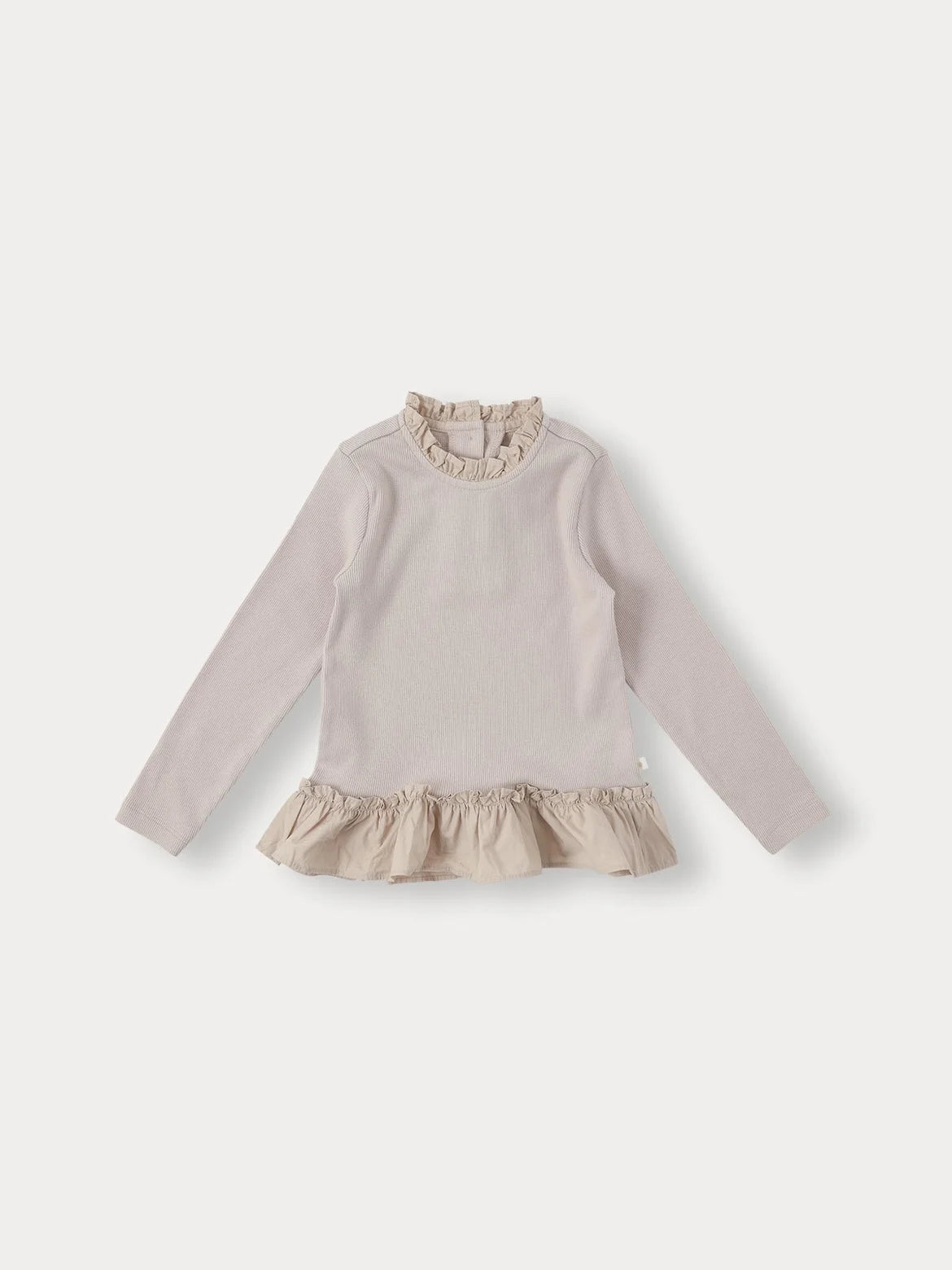 A light beige knit sweater with a ruffled collar and a matching ruffled hem, shown flat lay.
