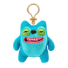 A bright blue plush monster keychain with large green eyes and a pink mouth, featuring a quirky rabbit design.