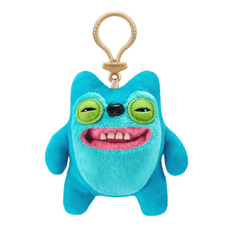 A bright blue plush monster keychain with large green eyes and a pink mouth, featuring a quirky rabbit design.