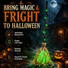 Animated witch broom with green LED glow, spooky sounds, and touch activated features for Halloween decor.