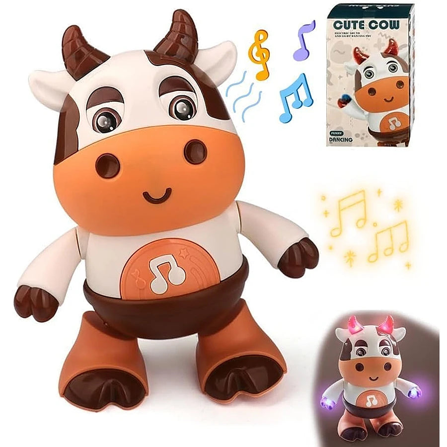 An orange and white plush toy of a cow with musical notes and lights, standing in a playful pose.