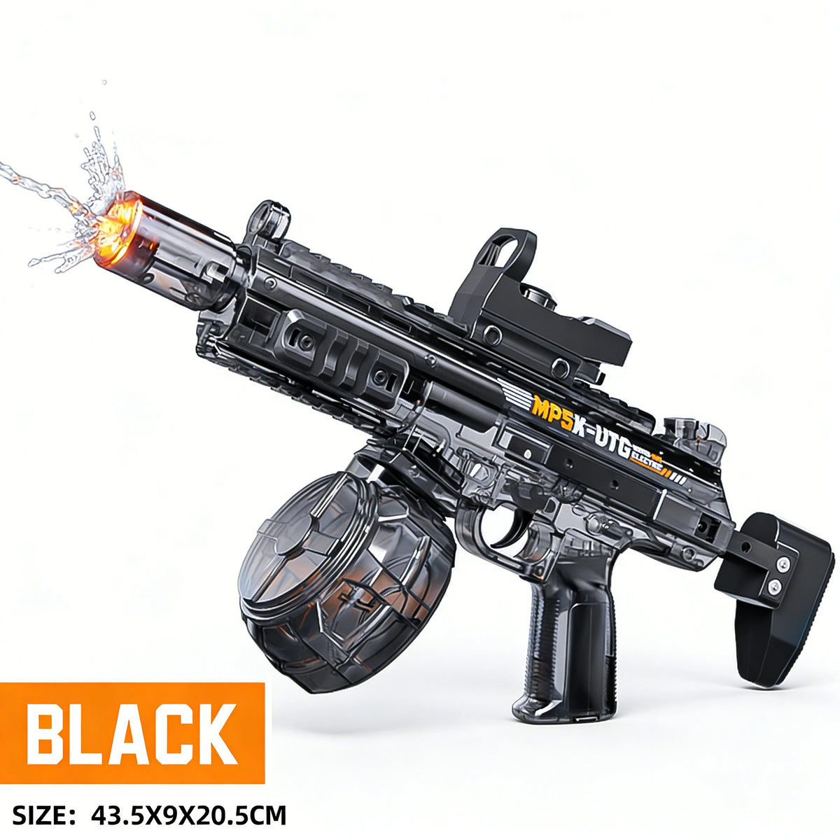 Black rechargeable electric water blaster with automatic suction and a visible stream of water.