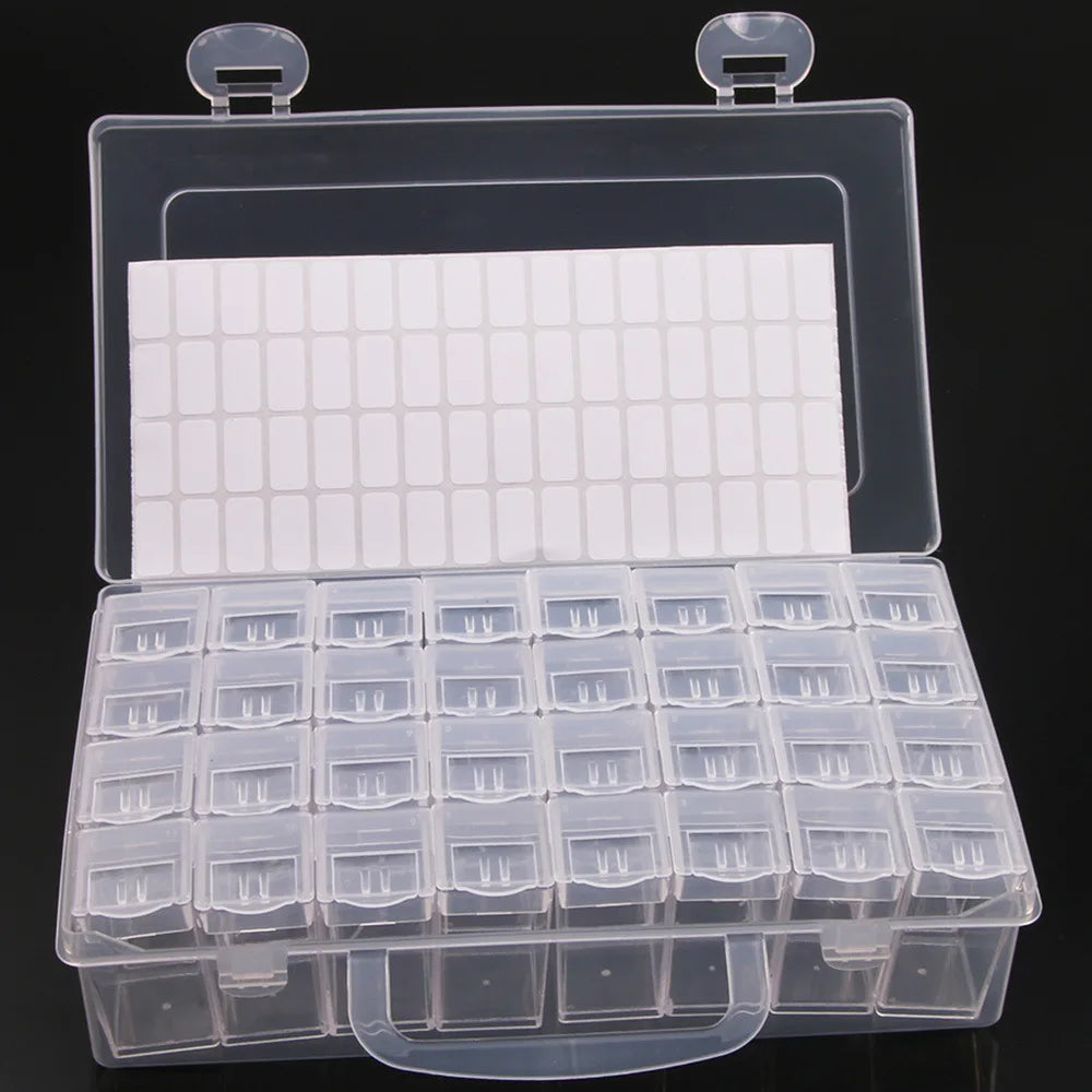 A clear plastic diamond painting storage box with multiple organizer trays inside.