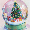 A glass orb contains a festive Christmas tree decorated with colorful lights and wrapped gifts.