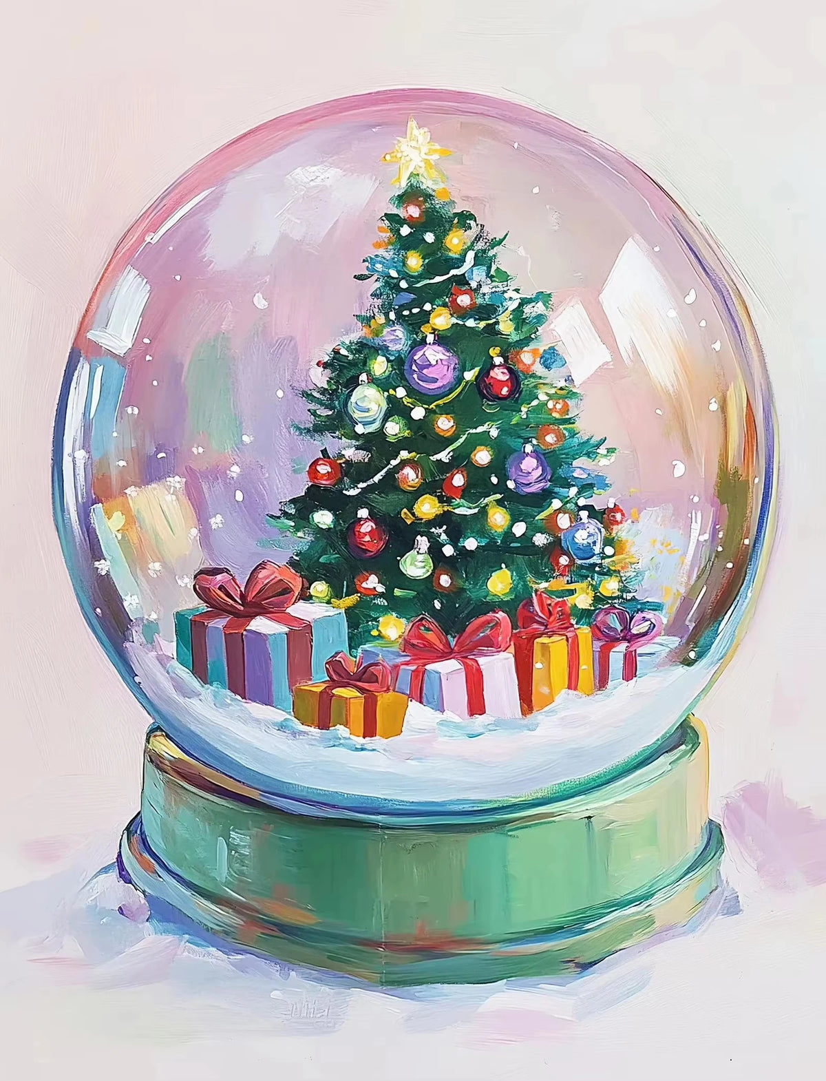 A glass orb contains a festive Christmas tree decorated with colorful lights and wrapped gifts.
