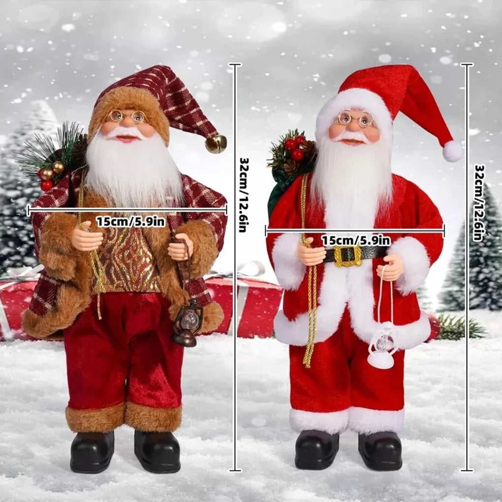 A figurine of Santa Claus in a red suit and white beard standing in the snow.