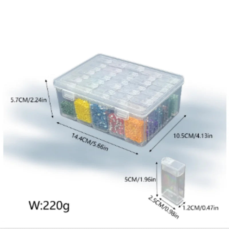 Clear plastic storage box filled with various colored beads and pearls, showing dimensions.