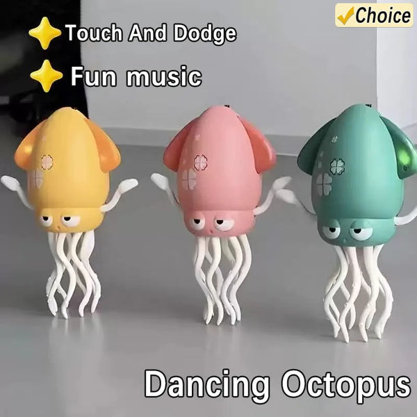 Three colorful dancing octopus toys in yellow, pink, and green are displayed on a surface.
