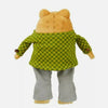 A plush toy of a brown bear wearing a green checkered shirt and gray pants.