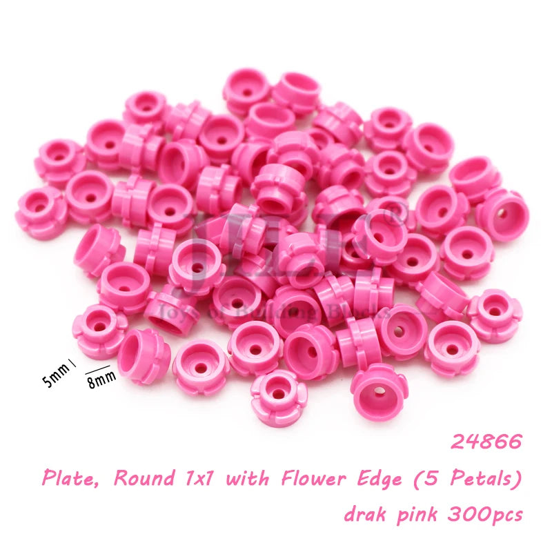 Pink round plate with flower edge, 1x1 size, for building blocks.