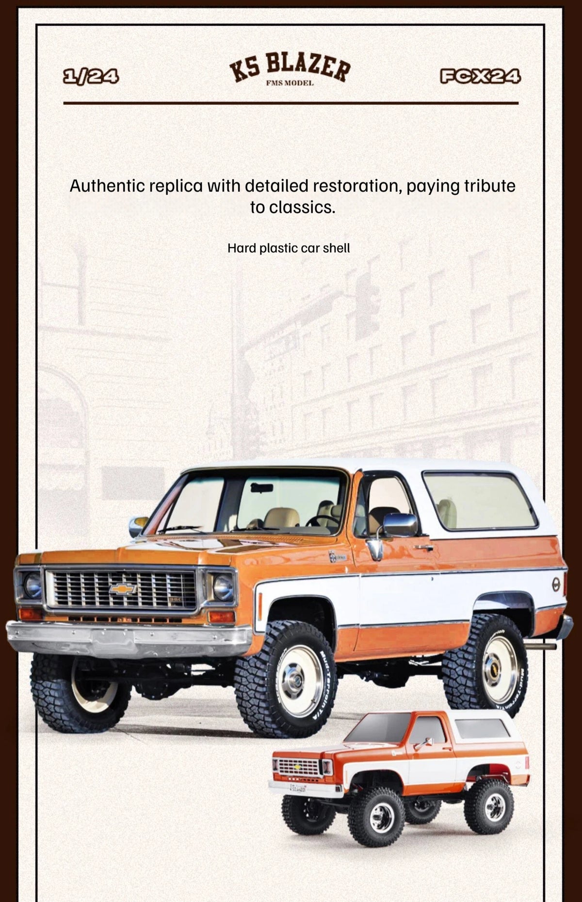 A detailed replica of a 1:24 scale Chevrolet K5 Blazer RC crawler in orange and white paint.