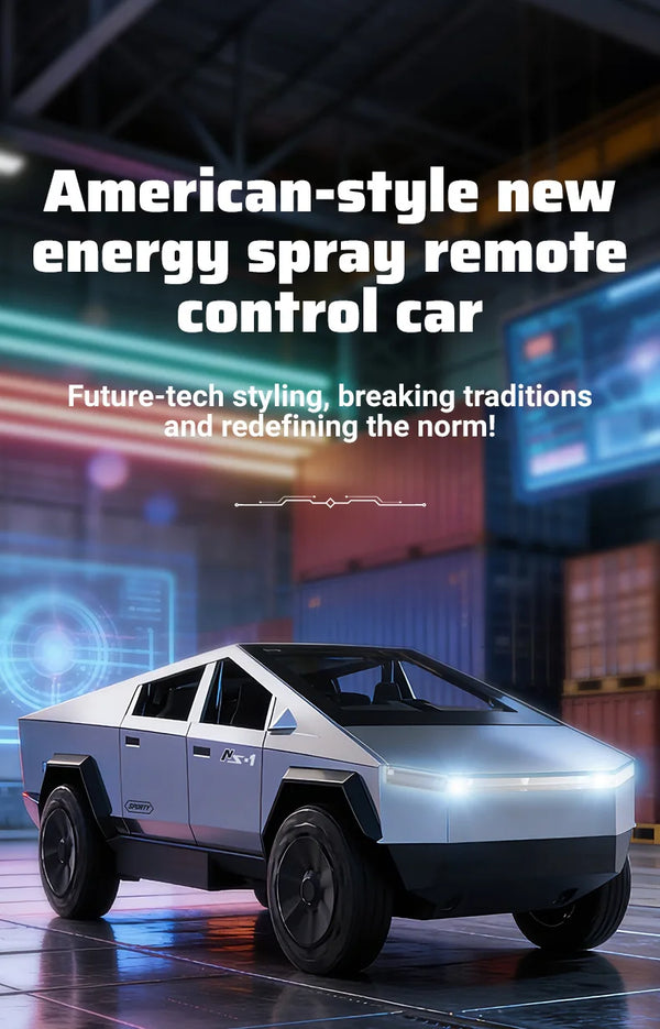 Voiture télécommandée à pulvérisation de nouvelle énergie, de style américain, argent et noir, roulant sur un sol futuriste.