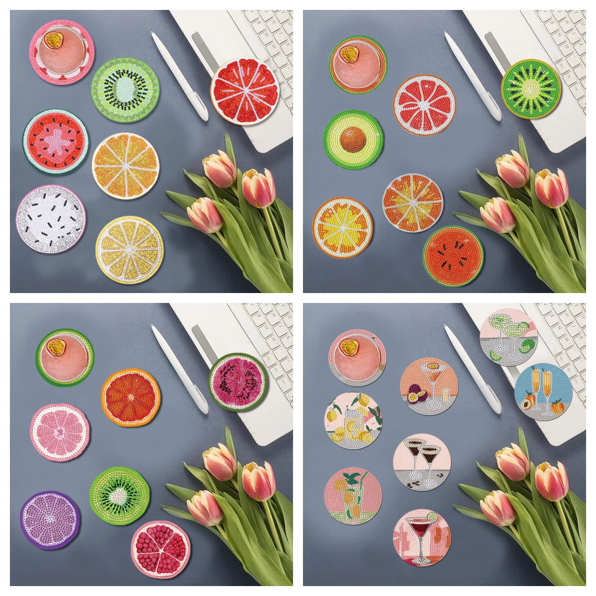 Collection de fruits coupés variés disposés sur fond gris, adaptés pour dessous-de-verre de peinture diamant DIY.