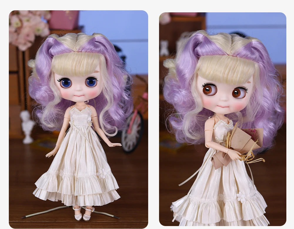 A Blyth 1/6 scale fashion doll with lavender hair and a white ruffled dress, shown in two poses.