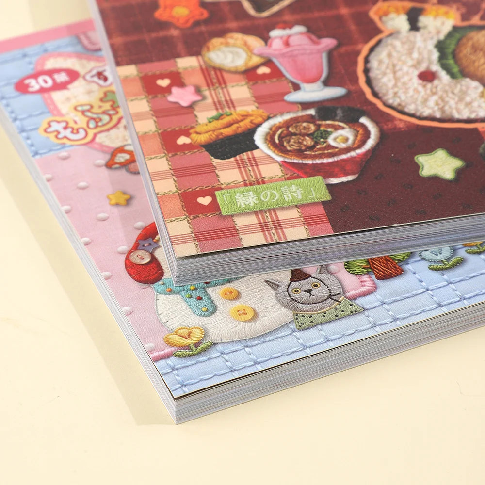 A close-up of a sticker book featuring kawaii embroidery-style designs on pink and red patterned pages.
