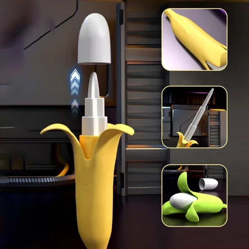 A yellow banana-shaped stress relief toy with a white tip, shown alongside various components and usage examples.