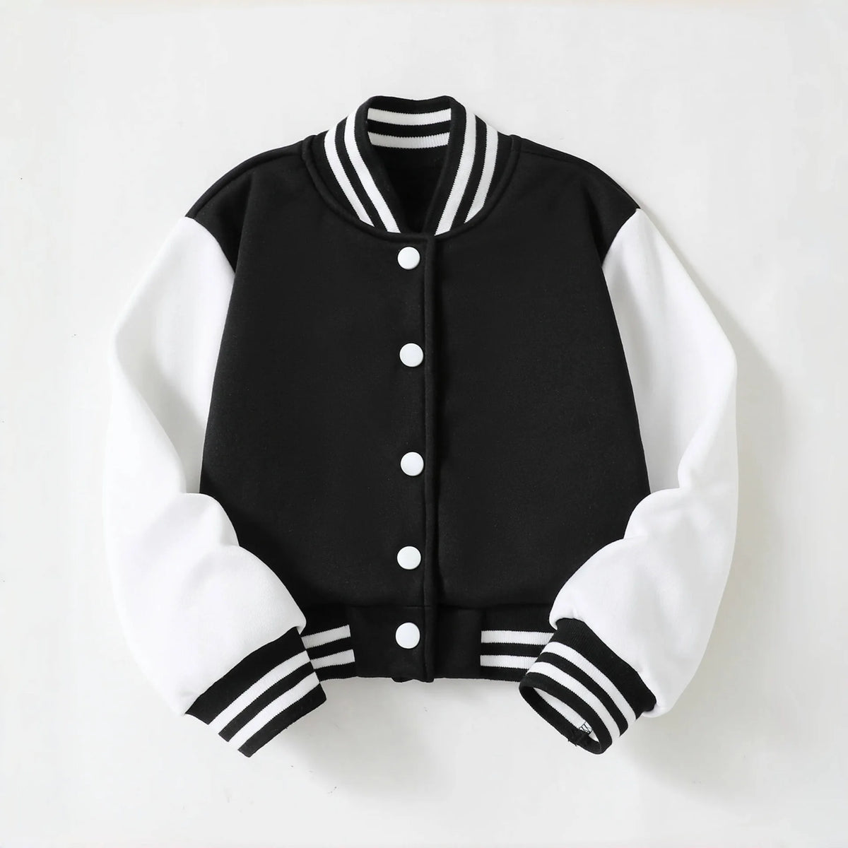 Black and white knitted cardigan with a striped collar and cuffs