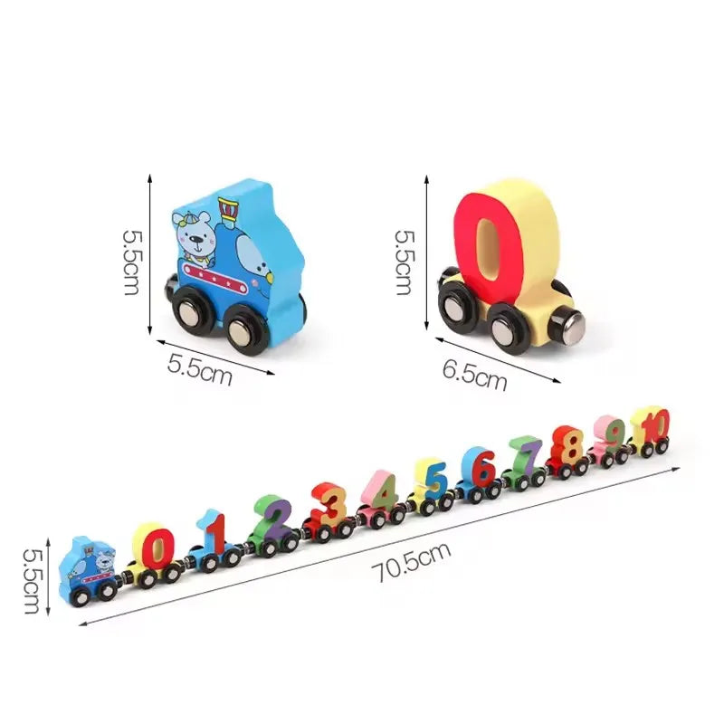 A set of magnetic wooden numbers 0 through 9 in various colors forming a train for toddlers.