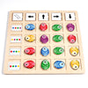 A wooden Montessori direction game featuring colorful fish cards and directional arrows for logical thinking practice.