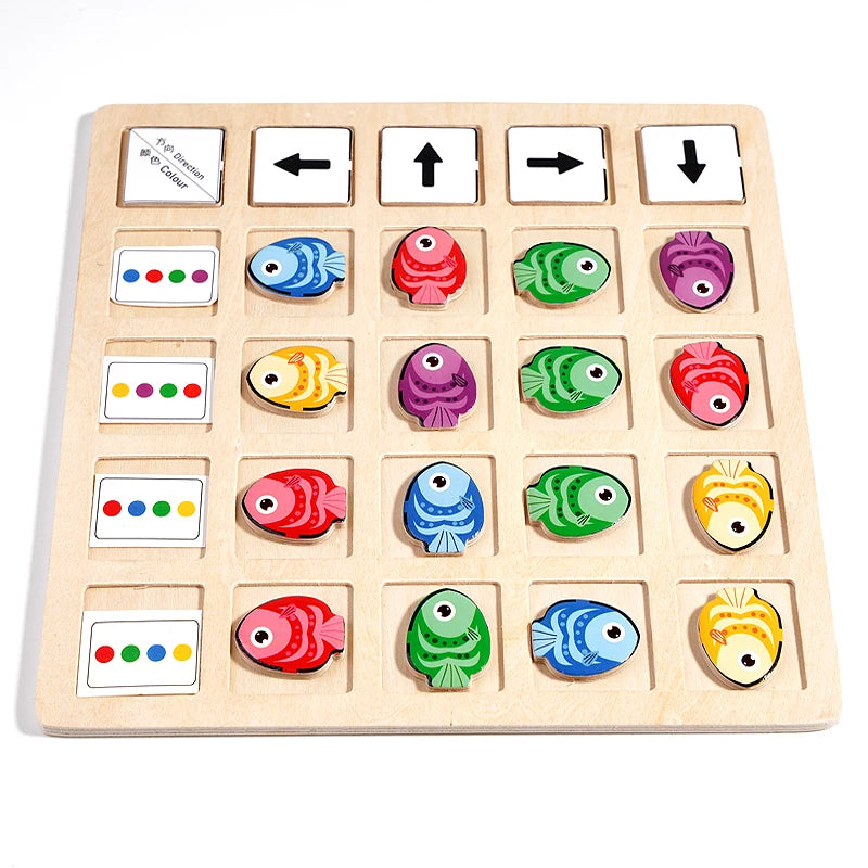 A wooden Montessori direction game featuring colorful fish cards and directional arrows for logical thinking practice.