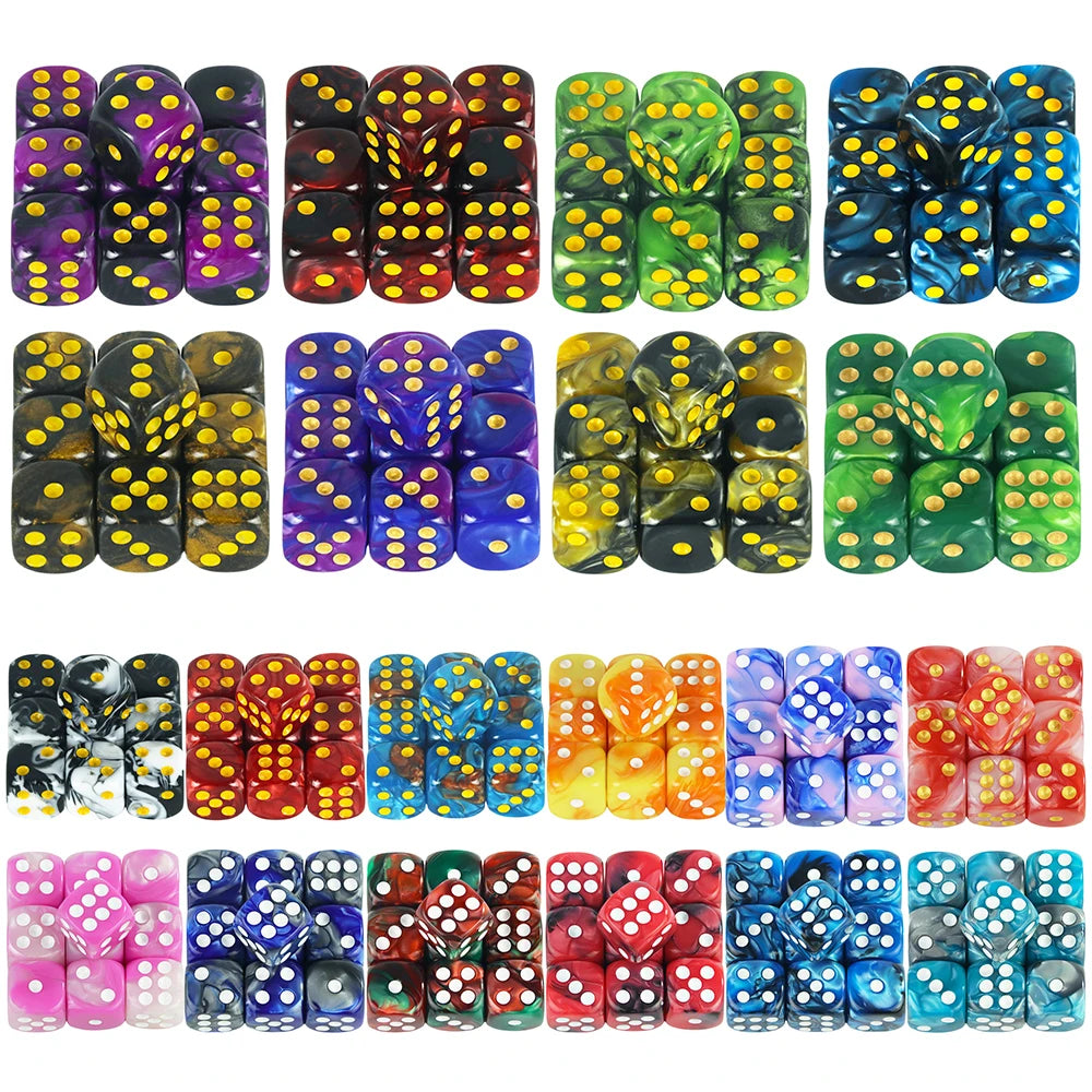 A collection of 10 mixed-color, 12mm dice in various patterns and colors for board games and RPGs.